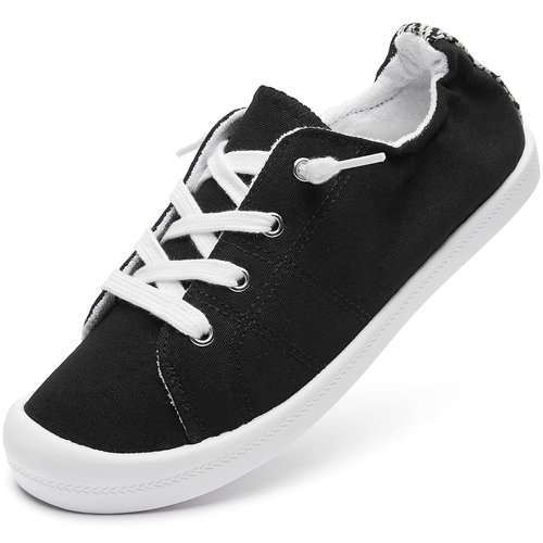 BENPAO Womens Canvas Slip On Shoes White Black Fashion Sneakers Loafers Shoes for Women(Black, US8)