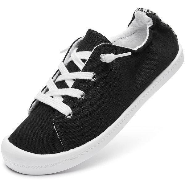 BENPAO Womens Canvas Slip On Shoes White Black Fashion Sneakers Loafers Shoes for Women(Black, US8)