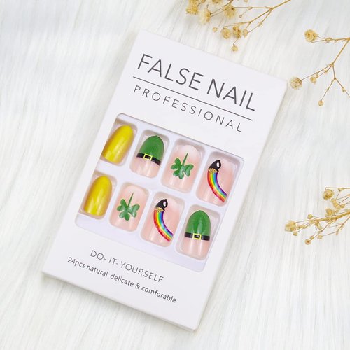 St. Patrick's Day Press On Nails Short Square Shamrocks Rainbow Fake Nails Green Lucky Clover Nail Art Supplies Glue on Nails Acrylic False Nails for Women Girls 24pcs
