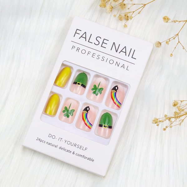 St. Patrick's Day Press On Nails Short Square Shamrocks Rainbow Fake Nails Green Lucky Clover Nail Art Supplies Glue on Nails Acrylic False Nails for Women Girls 24pcs