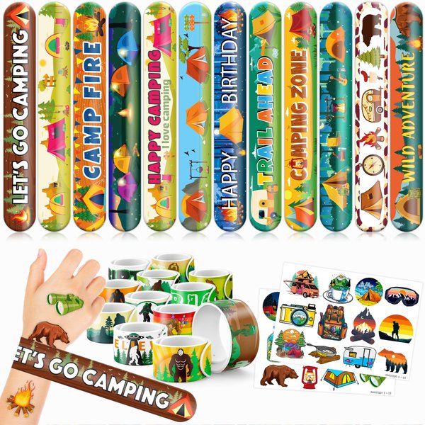 Cherisnowy 48 PCS Camping Party Favors 24PCS Tattoos Stickers 24PCS Slap Bracelets Wristbands Perfect for Themed Birthday Baby Showers or Classroom Rewards Ideal Decor and Gifts for Girls and Boys