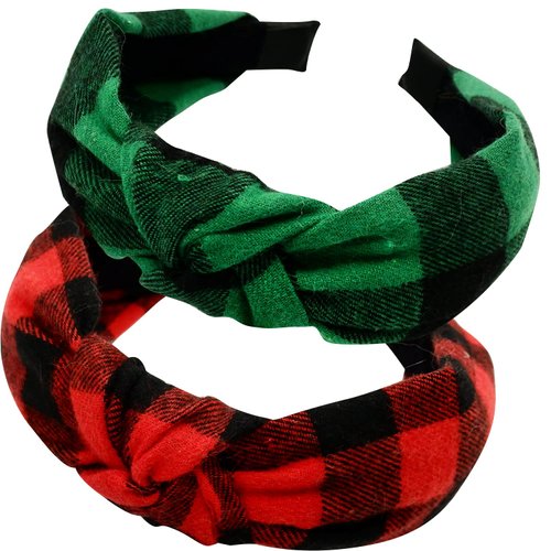 Wide Knotted Plaid Headbands, Valentines Gifts for Her, Fashion Vintage Turban Hair Band, Retro Criss Cross Christmas Headband for Women Girl, 2PCS Christmas Hair Accessories