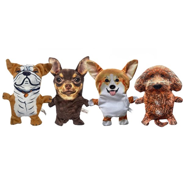 Piggy Poo and Crew Dog Toys Set of 4 Crinkle Squeaker Fetch Toys Bulldog Chihuahua Corgi Goldendoodle