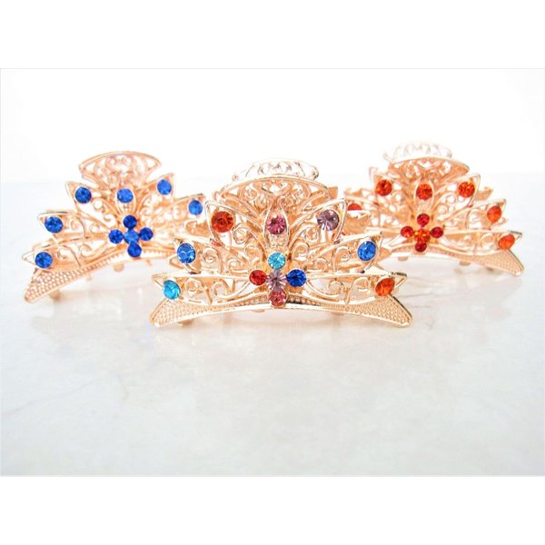 Medium rose gold metal crystal filigree hair claw clip (Primary color: Multi-color)