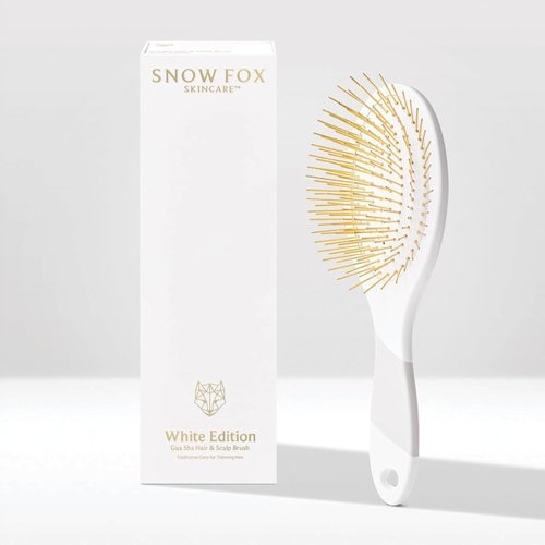 Snow Fox Skincare Gua Sha Hair Brush - White Edition. Scalp Massage Comb with Gold-Plated Metal Bristles for Healthy Follicles. Soothing Gua Sha Acupressure Tool for All Hair Types