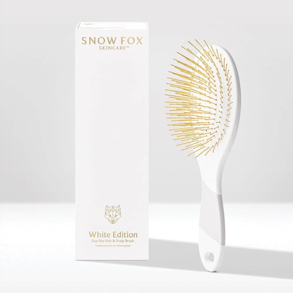 Snow Fox Skincare Gua Sha Hair Brush - White Edition. Scalp Massage Comb with Gold-Plated Metal Bristles for Healthy Follicles. Soothing Gua Sha Acupressure Tool for All Hair Types