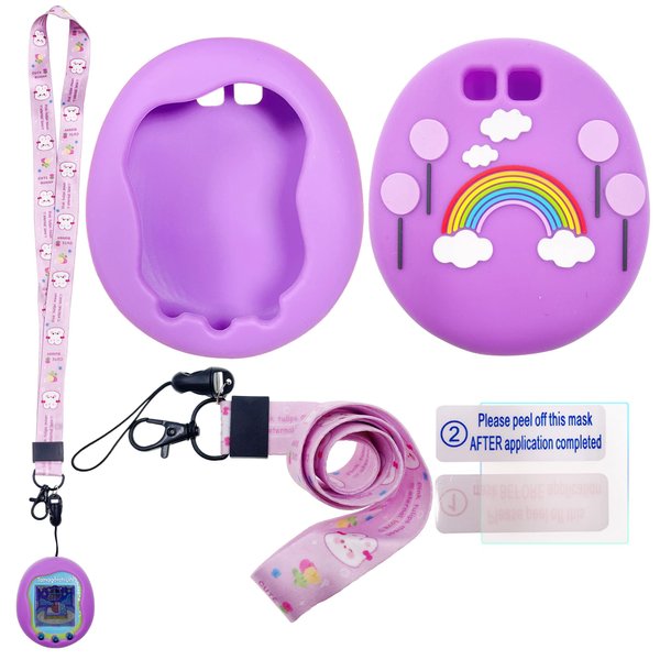 Xcivi Silicone Case Cover, Lanyard and Screen Protector Film for Tamagotchi Uni Virtual Interactive Pet Game Machine (Purple)