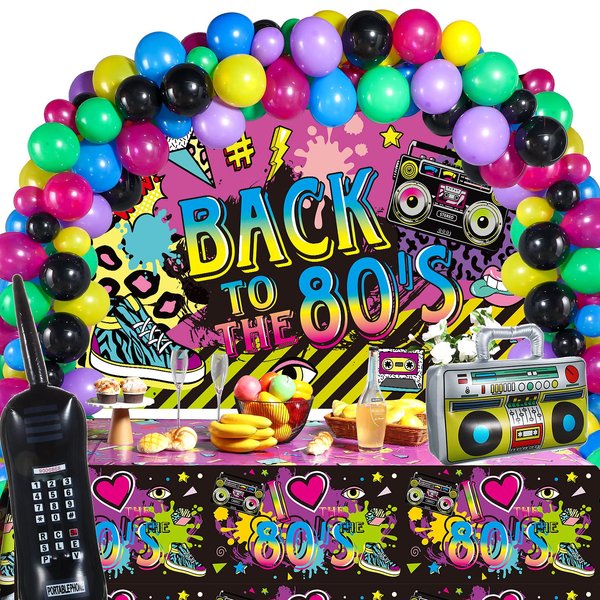 80s 90s 50s Party Decorations 80's 90's 50's Party Bundle Includes Inflatable Radio Boombox and Mobile Phone, Back to 80s 90s 50s Backdrop, Tablecloth, 75 Pcs Balloons for Hip Hop Party (80s Style)