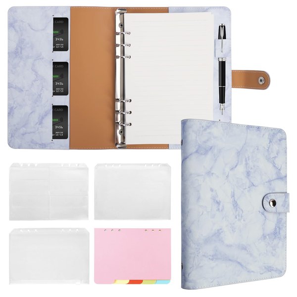 FYY Leather A5 Binder 6 Ring Binder Notebook - Refillable Notebook A5 Planner Binder with Binder Pockets, A5 Dividers, A5 Refill Paper, PU Leather Travel Binder Journal Cover Binder Marble Blue