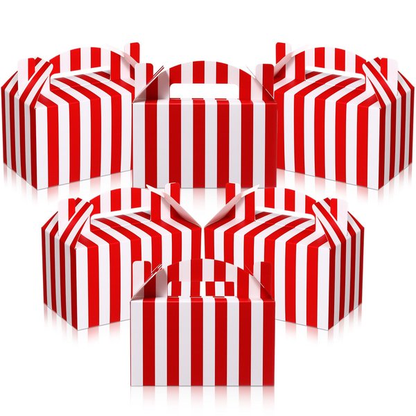 Skyygemm 24 Pcs Carnival Treat Boxes Circus Gable Gift Boxes Red White Striped Paper Favors Box Snack Goodie Boxes for Birthday Christmas Carnival Theme Party Decorations, 6 x 3.5 x 3.5 Inch