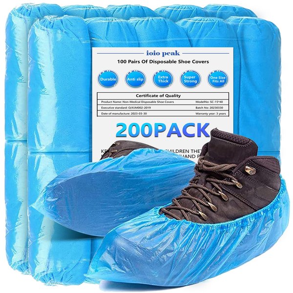 ioiopeak Disposable Shoe Covers 200 Pack (100 Pairs) | Reusable Premium CPE Waterproof Durable Booties Indoor | Protect Your Home, Floors and Shoes