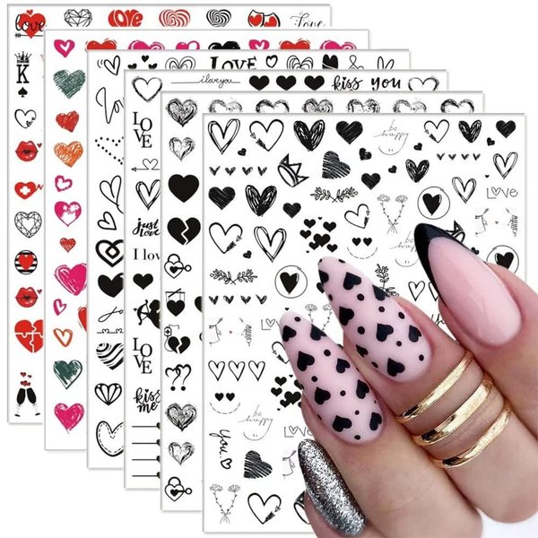 Valentine's Day Nail Art Stickers Black Heart Shape Romantic Cupid Nail Decals Exquisite Nail Art Supplies 3D Self Adhesive Design Valentine's Day Nail Stickers for Women Girls DIY Nail Decoration