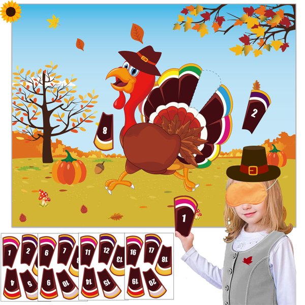 Thanksgiving Party Games for Kids Pin The Tail On The Turkey Game Friendsgiving Games with 24 Turkey Tail Stickers for Audults Family