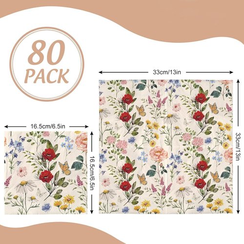 80 Pack Floral Paper Napkins Disposable Vintage Wildflower Luncheon Napkins 6.5 x 6.5"Retro Floral Dessert Dinner Hand Napkin for Birthday Wedding Baby Shower Bridal Shower Supplies (Flower Butterfly)