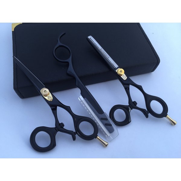 5.5" Professional Barber Razor Edge Powder Coated Hair Cutting and Texturizing Shears Scissors Black Straight Razor Student Teacher Kit Set+case Black