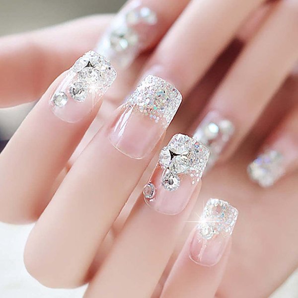 Auwoyss Crystal Press on Nails Square Fake 3D Rhinestone False Medium Length Glitter Sparkle Luxury Full Cover Acrylic Nails Tips Gel Fancy Stick on Nails Bride Art Gel Artificial Wedding