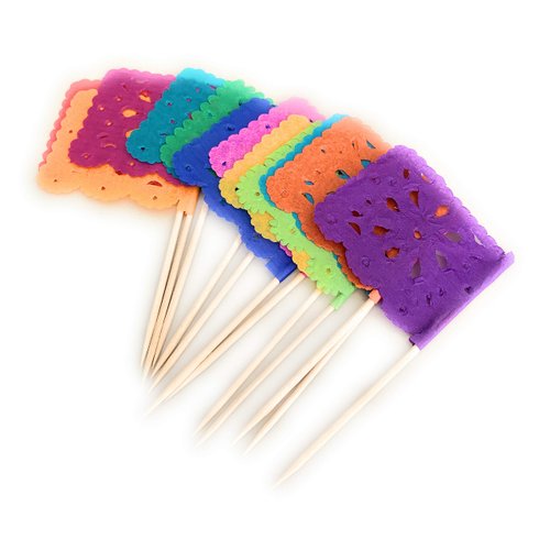 Set of 24 Pcs Multi-Colored Mini Mexican Paper Papel Picado Tissue Banner Flags Banderita s Fiesta Party Decorations Cupcake Topper Party Banderines Flower Design