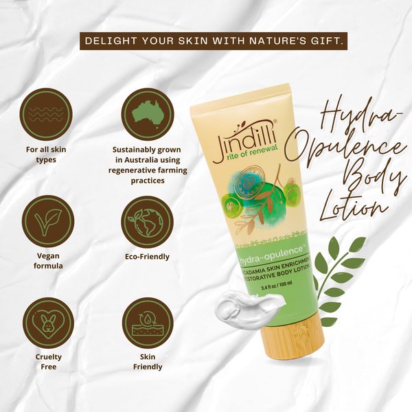 Jindilli - Hydra-Opulence Body Lotion | Sunburn Relief & After Tan Moisturizer w/Macadamia Oil and Aloe Vera - All Natural Ingredients (3.4 fl oz)
