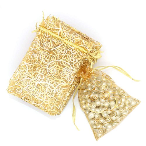 Staruby Organza Gift Bags 100Pcs Gold Sheer Organza Bag 4x6 Inch Mesh Favor Bags Drawstring Jewelry Rattan Printed Gift Pouches for Wedding Party Favors Baby Shower Christmas Gifts Candy Bags
