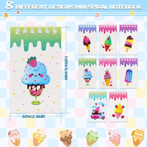 BOIKOKY 148Pcs Ice Cream Party Favors Set - 24 Ice Cream Notebooks, 24 Decorative Pens, 100 Stickers for Kids Ice CreamThemed Birthday Party Class Prizes Supplies
