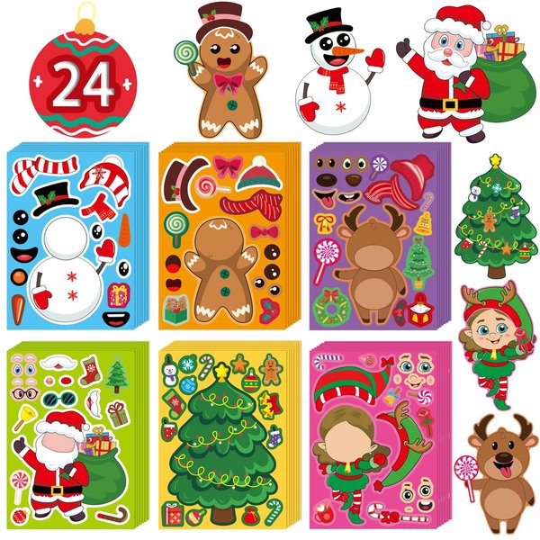 Christmas Stickers Crafts for Kids Classroom: 24 Sheets Make Sticker Yourself Christmas Santa Snowman Stickers for Kids Christmas Crafts Party Supplies Holiday Stickers Bulk Classroom Activities