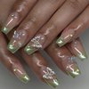 French Tip Press on Nails Medium Length Ballet Shaped Fake Nails 3D Rhinestones Butterfly Design Full Cover Artifical Acrylic Nails Green French False Nails Glue On Nails for Women Stick on Nails Set