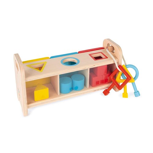 Janod Shape Sorter Box with Keys – Wooden Sorting Toy with Geometric Shapes – Ages 18+ Months- J05065