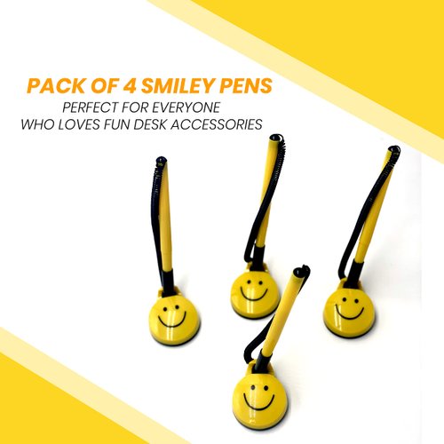 Performore 4 Pack of Secure Counter Pens with Plastic Secure Cord Attached to Adhesive Back Base Pen Holder with Smiley Face Design for Home Workplace School Office