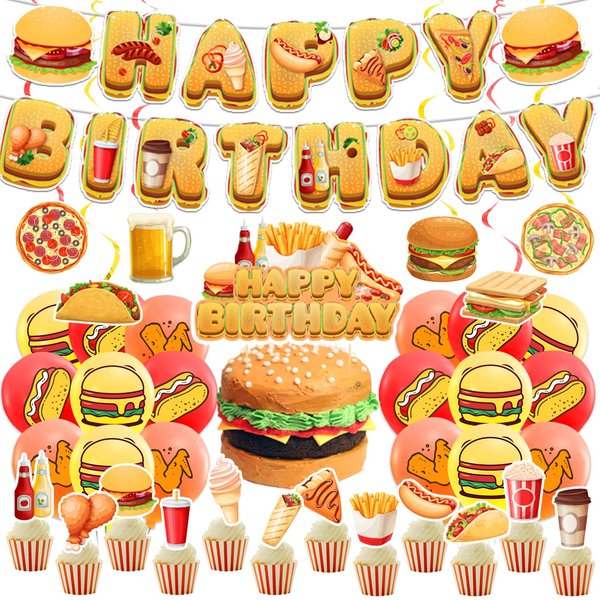 Fast Food Party Decorations French Fries Pizza Hamburger Fried Chicken Hot Dog Party Supplies Includes Birthday Banner Cake Cupcake Toppers Spirals Balloons for Fast Food Birthday Decorations
