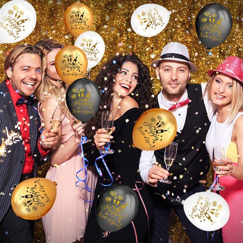 50Pcs Gold Black White Happy New Year Balloons New Year Eve Balloons, 2024 New Year Balloons New Years Eve Party Balloons for Happy New Year 2024 Decorations