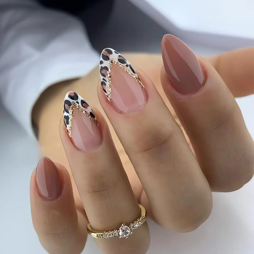 LPOODDNU Almond Press on Nails Medium Brown Fake Nails Cute Leopard Design French False Nail Tips Glossy Fall Nail Art Decorations Cute V Shape French Glue on Nails Almond Stick on Nails for Women