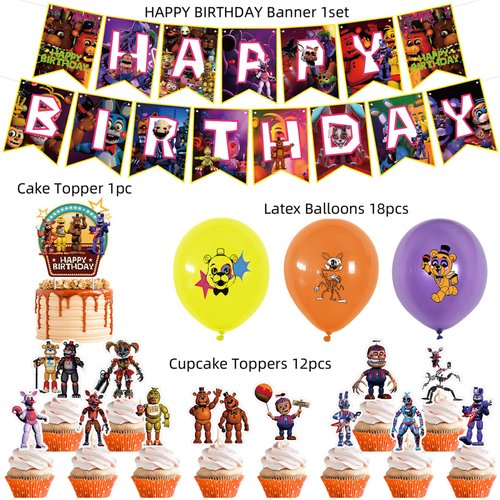 Freddy's Birthday Party Decorations, 5 Nights Decorations include Banner,Cake Toppers, Balloons for Kids Baby Shower Birthday Party Supplies (Purple)