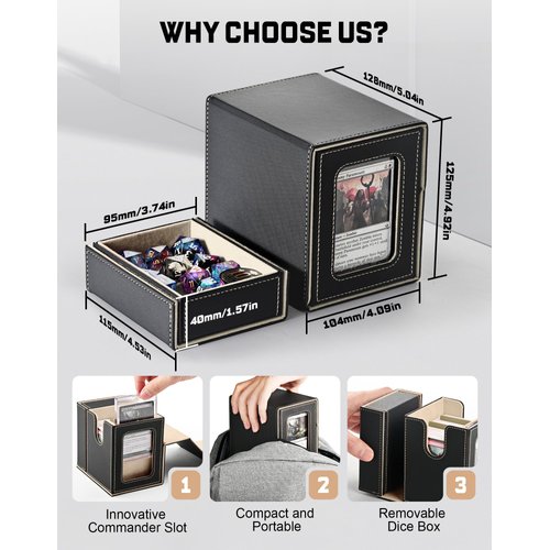ZLCA MTG Deck Box, Commander Deck Box with Display Window, Card Deck Box Holds 100 Double-Sleeved Cards with Dice Tray & 35pt Magnetic Card Holder(Black& gold)