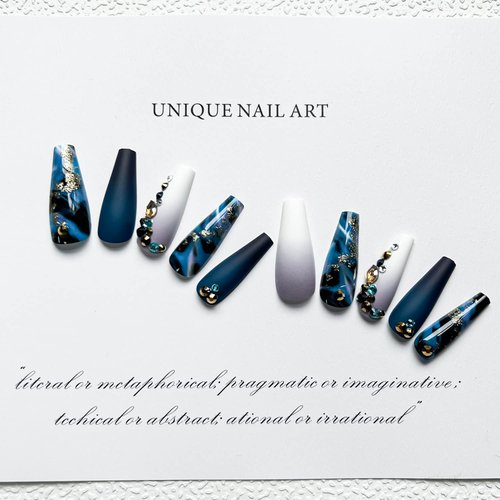 24 Pcs Press on Nails Long Coffin Dark Blue Glossy Fake Nails Purple Gradient Matte Full Cover False Nails with Color Rhinestone and Gold Sequins Designs Extra Long Glue on Nails Acrylic Nails for Women and Girls