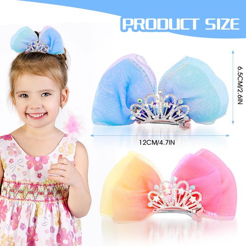 4Pcs Crown Bow Hair Clip Diamond Hair Pin Princess Headband Ribbon Cute Metal Snap Sparkly Tiara Gradient Rhinestone Side Hair Barrette Mini Headdress Styling Accessories for Halloween Christmas Party