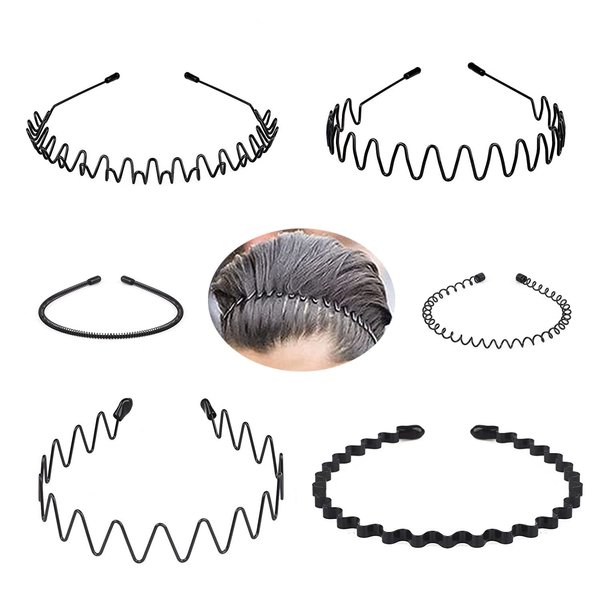 Metal Headbands for Men/Women, 90s headband Japanese Headband hair bands men Metal Band Comb Headband Wavy Hairband Spring Hair Hoop, Metal Unisex Male/Female Elastic Non-slip Hair Band, 6 Pack