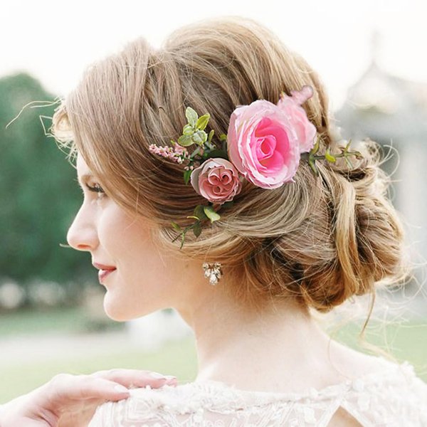 Fangsen Wedding Boho Pink Rose Flower Hair Comb Bridal Headpiece Floral Hair Accessories for Brides and Bridesmaids Silver
