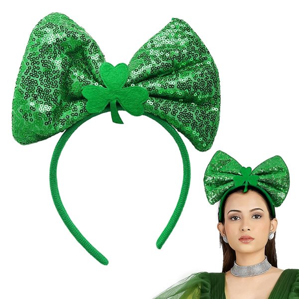 St. Patrick's Day Headbands for Women Girls Kids, Shamrock Green Sequin Bow Headband Clover Hair Hoop Cute Hair Accessories for St. Patrick's Day Decorations Parade Costume Party Supplies 1PCS
