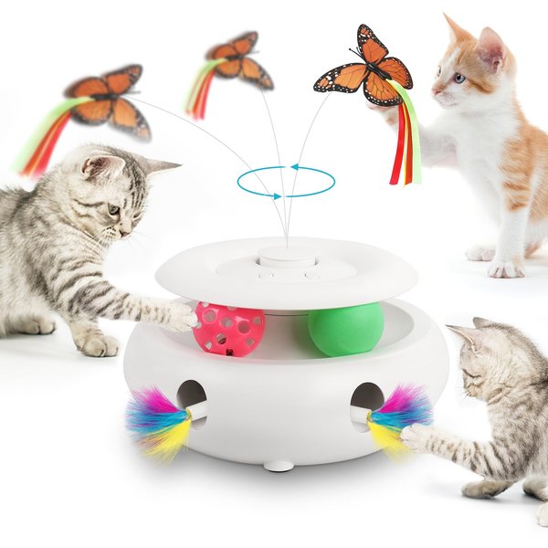 VTSGN 3-in-1 Cat Toy: Interactive Fun with Fluttering Butterfly, Ambush Feather, and Track Balls. USB Powered for Indoor Exercise (Bright White)