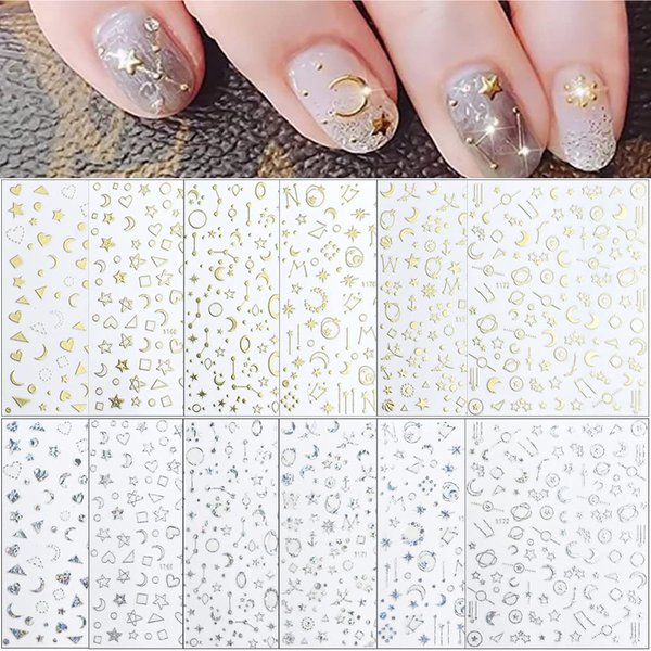 12 Sheets Gold Nail Art Stickers Decals,Nail Supplies 3D Self-Adhesive Nail Decals Metallic Stars Moon Glitter Gold Silver Nail Art Design Stickers for Women Girls Manicure Accessories Craft
