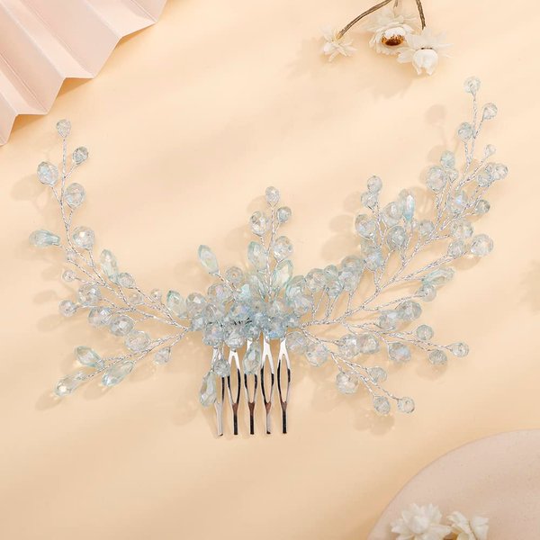 Teyglen Dainty Blue Rhinestones Crystal Bride Wedding Hair Comb Headband Hair Accessories with Rhinestones Crystals Bridal Side Hair Combs for Women Bride Girls (Light Blue)