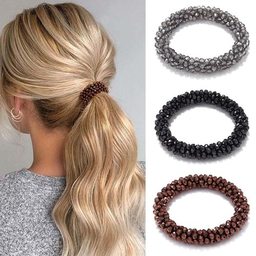 Fashey Pearl Hair Ties Rhinestone Ponytail Holder 3 Pcs Bead Set Hair Scrunchies Elastic Hair Bands Hair Accessories for Women and Girls (black,dark brown,grey)