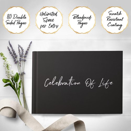 C Wyn Publishing Funeral Guest Book for Memorial Service - Celebration of Life Guest Book, Guest Book for Funeral, Hardcover, Unlimited Space per Entry, Table Sign Included (Black)