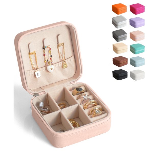 BeBeGee Exquisite Travel Jewelry Case, Portable Mini Jewelry Travel Organizer, Small Jewelry Box for Women, Bridesmaid Gift and Travel Essential to Store Ring, Necklace, Earring(1pc pink peach)
