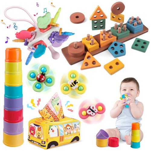 Baby Toys 6-12-18 Months,5 In 1 Montessori Sensory&Bath Toys for Infant Toddlers,Suction Cup Spinning Toy,Teething Teether Toy,Baby Tissue Box,Stacking Cups,Wooden Sorting and Stacking Toys Travel