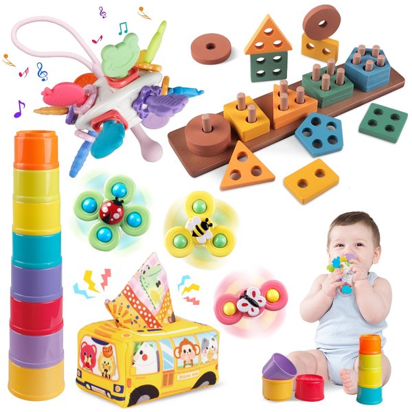Baby Toys 6-12-18 Months,5 In 1 Montessori Sensory&Bath Toys for Infant Toddlers,Suction Cup Spinning Toy,Teething Teether Toy,Baby Tissue Box,Stacking Cups,Wooden Sorting and Stacking Toys Travel