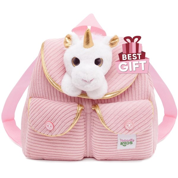 Naturally KIDS Toddler Backpack w Stuffed Animal Toy, Toddler Gifts for Boys Girls, Mini Backpack, Unicorn Pink