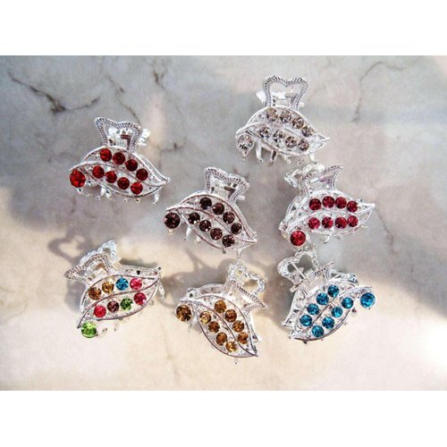 small mini silver metal crystal leaf hair claw clip (Primary color: Pink)