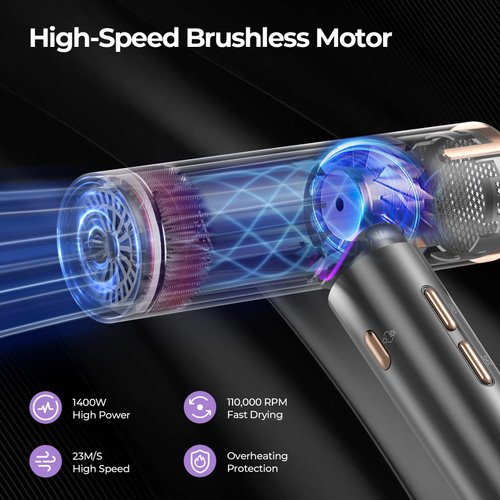 YASHE Hair Dryer with Diffuser, 1400W High-Speed Brushless Motor, 110,000 RPM Fast Drying of All Hair Types, Thermo-Control Negative Ionic Blow Dryer, 4 Temps & 3 Speeds, Lightweight for Home Travel