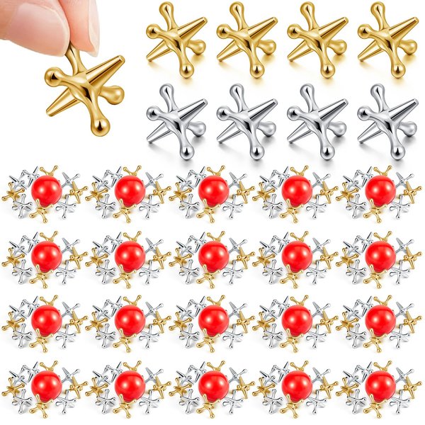 Libima 20 Sets Metal Jacks Game with Ball Bulk Christmas Child Include 200 Pcs Gold and Silver Jacks and 20 Pcs Red Rubber Balls Classic Jax Game Toys for Teens Adult Game Prizes